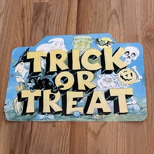 VINTAGE Halloween Trick Or Treat Die Cut Velvet Flocked Holiday Sign 12" x 18" - Picture 1 of 12