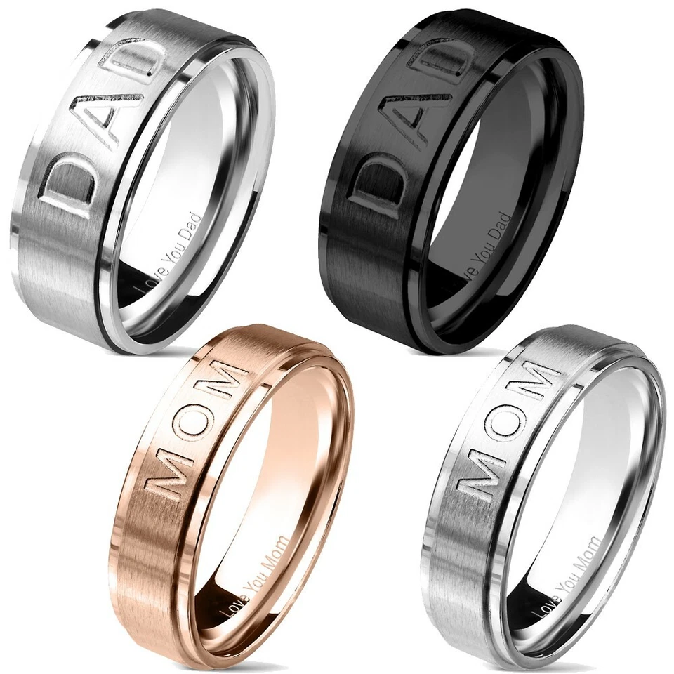 Stainless Steel "MOM" or "DAD" Brushed Band Ring Black Silver Rose Gold Plated - Image 1 of 1