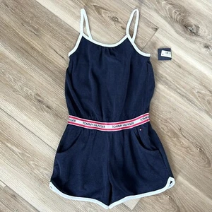 NWT Tommy Hilfiger Girls' Terry Romper 7 Small Navy White Preppy Nautical Logo - Picture 1 of 5