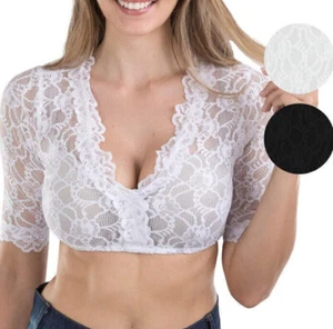 Damen Sexy Spitze Dirndlbluse 3/4 Arm Trachten Bluse Oktoberfest Wrap Crop Weiß - Bild 1 von 16