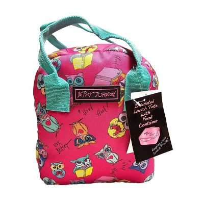 Betsey Johnson Lunch Box Tote Insulated School Owl Pink Teal w Container 9.5x8x5 - Image 1 of 4