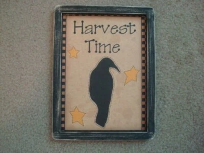Primitive Country Print *HARVEST TIME WITH CROW* black hand made frame 9" x 12"  - Image 1 of 3