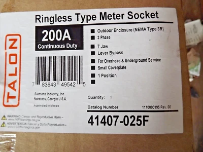 41407-025F Talon Meter socket 200a Siemens 3 phase, 3R, 7 jaw nib - Image 1 of 3