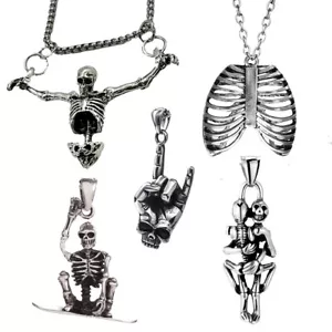 Skeleton Skull Jewelry Vintage Silver Look Corpse Gothic Bones Pendant Necklace - Picture 1 of 131