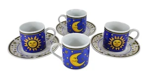 Vintage 7 Piece Sun Moon Stars Celestial Espresso Demitasse Cups & Saucers Set - Picture 1 of 8