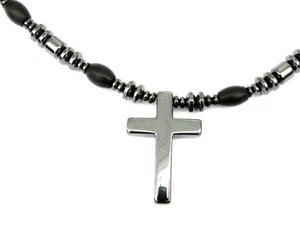 Mens Womens Magnetic Hematite BLACK ONYX CROSS Pendant Necklace Therapy - Picture 1 of 5