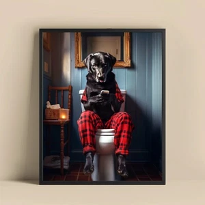 Funny Dog Wall Art Print - "Black Labrador in Pajamas on the Toilet" - Picture 1 of 9