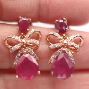 Heated 8 x 10 MM. Pinkish Red Ruby & Cubic Zirconia Earrings 925 Sterling Silver