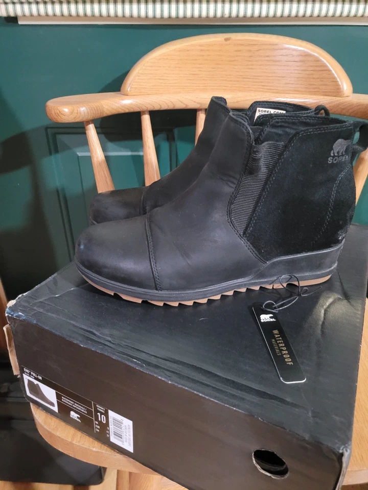 Bota para mujer Sorel Evie de cuero talla. 10 Cuero Negro/Gamuza Buen Estado. Foto 1 de 4