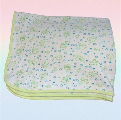 Cobertor de bebê vintage Fisher Price malha waffle vida marinha branco verde azul HTF - Imagem 1 de 4