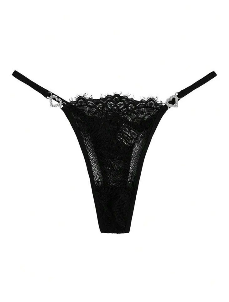 ROMWE Tanga Gótico Negro Encaje Panty Estrás Corazones y2k Lindo Kawaii Talla Pequeña Foto 1 de 4