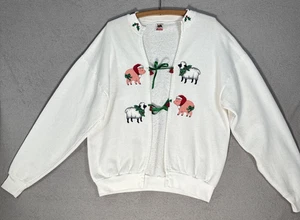 VNTG Handmade Ugly Christmas Sweater Women XL White Sheep Barnyard Sleigh Bells - Picture 1 of 21