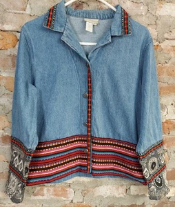 Coldwater Creek Womens Sz L Shirt Jacket Blue Tapestry Embroidered Jean Denim J - Picture 1 of 4
