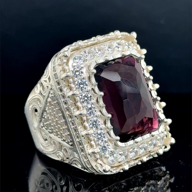 Anillo grande de plata 925 de amatista y moissanita para hombre, anillo turco hecho a mano Foto 1 de 4