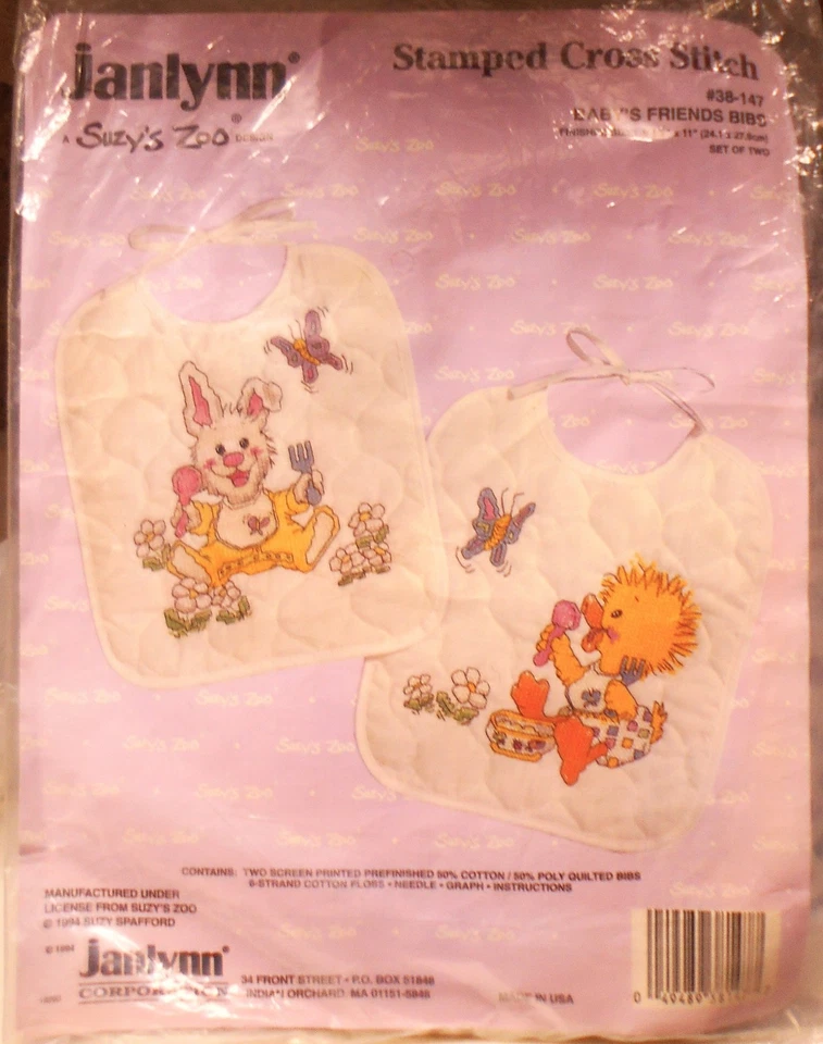 Vintage Janlyn Suzy’s Zoo Stamped Cross Stitch Baby’s Friends Bibs #38-147 - image 1 of 1