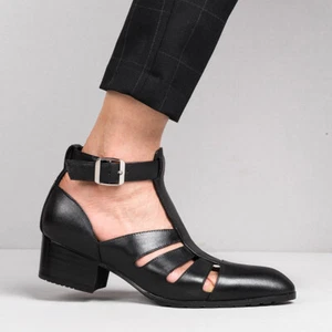 Buckle Pointed Toe Sandals Heels Casual Business T Strap Mens Real Leather Shoes - Picture 1 of 17