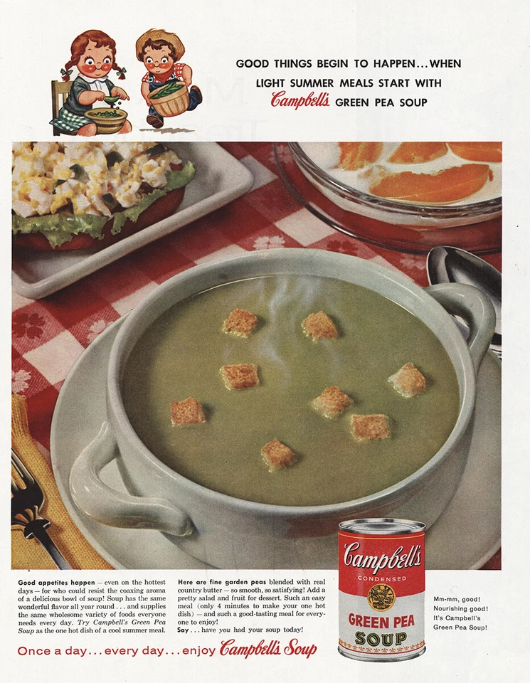 1959 Campbells Green Pea Soup: Good Things anúncio impresso vintage - Imagem 1 de 1