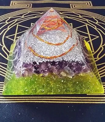ORGONE AMETHYST PERIDOT PYRAMID With STERLING SILVER And COPPER COIL, 100MM