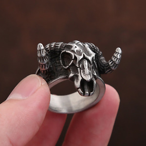 Stainless Steel Gothic Goat Skull Men's Ring Punk Satan Amulet Biker Jewelry