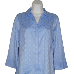 Dana Buchman Womens Top Medium 3/4 Sleeve Blue Cotton Blend Button-Up Jacquard