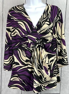 Ellen & Company Damen kleines 3/4 Glockenärmel lila schwarz creme V-Ausschnitt Top - Bild 1 von 9