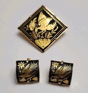 Vintage Damaszener Brosche & Ohrclips Set Vögel & Blumen, quadratisch - Bild 1 von 5