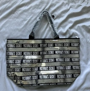 Victoria Secret Black & Silver Sequin Bling Tote Weekender Bag with pouch - Picture 1 of 9