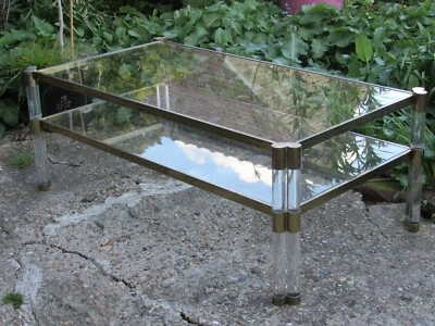 SUPERBE GRANDE TABLE BASSE EN PLEXIGLASS DOUBLE PLATEAUX DE VERRE DESIGNER 1970 - Photo 1/4