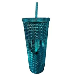 Vaso con pajita Starbucks 2023 azul cromado tachonado Venti 24 oz - Imagen 1 de 3