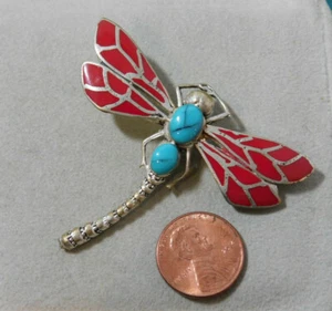 Grande Turchese Rosso Smalto Libellula Argento Insetto Ciondolo 5a 104 - Foto 1 di 4
