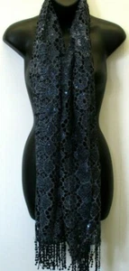 Bufanda NUEVA Azul Marino Lentejuelas Larga Ancha Elegante 👗 Flecos Floral Peso Ligero ZA492 - Imagen 1 de 3