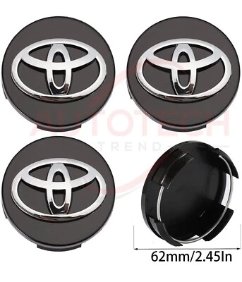 SET OF 4 TOYOTA WHEEL RIMS CENTER CAPS BLACK/CHROME LOGO 62MM CAMRY/COROLLA - Image 1 of 4