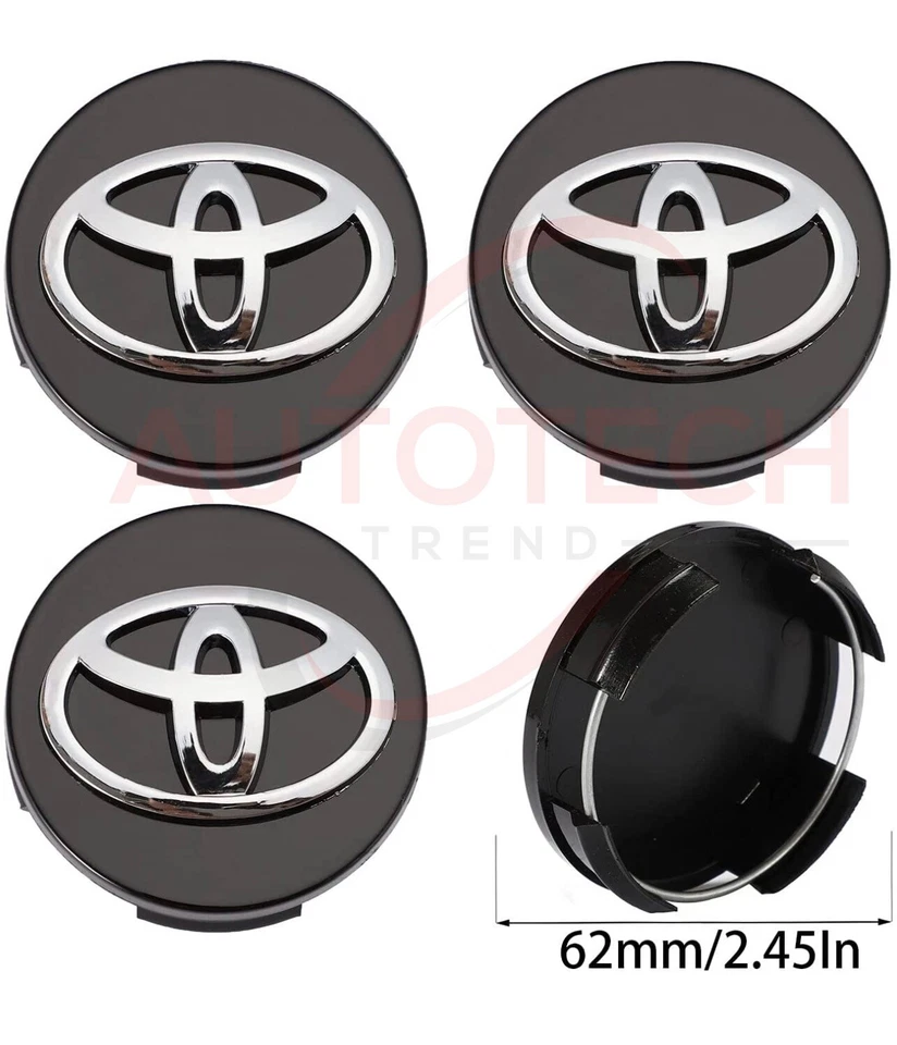 SET OF 4 TOYOTA WHEEL RIMS CENTER CAPS BLACK/CHROME LOGO 62MM CAMRY/COROLLA - Image 1 of 4