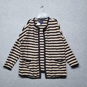 Lands End Women Sweater Medium Petite 10-12 Beige Striped Cardigan Open Front - Picture 1 of 10