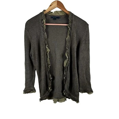 Boden Open Front Waterfall Cardigan Sweater 14 Medium Silk Ruffle Trim Linen Bld - Image 1 of 4