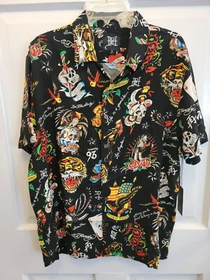 NUEVO CON ETIQUETAS Camisa Ed Hardy Cuello Botón Calavera Rosas Tigre Geisha Águila Bandera EE. UU. Talla L Foto 1 de 4