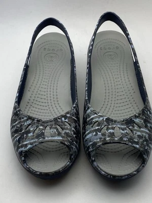 Crocs Mabyn Mini Wedge Sandal Sz 8W Blue Peep Toe Casual Comfort Slingback Wedge - Image 1 of 4