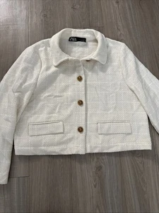 ZARA Women's Ivory Blazer Textured Jacket Cropped Coat Sz XL - Picture 1 of 7