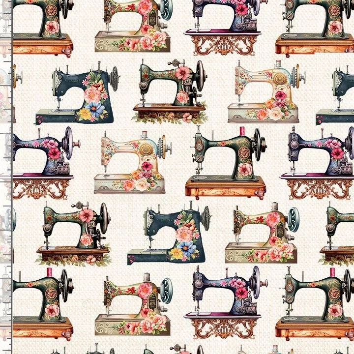 Floral Sewing Machine Ecru Fabric By The Yard Cotton Timeless Treasures CD3874 - Image 1 of 1