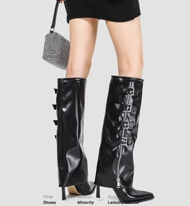 Neu High Heels Stiefel Damen spitz zulaufend Schnalle Echtleder Club Langstiefel - Bild 1 von 26