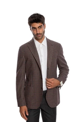 $1800 LUIGI BORRELLI "SORRENTO" Hand-Sewn Light Brown Cheks Jacket Blazer Wool - Image 1 of 4