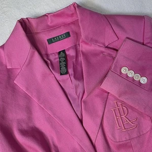 Lauren Ralph Lauren Pink Cotton Blazer Embroidery Logo Preppy Barbie Size 10 Y2K - Picture 1 of 13
