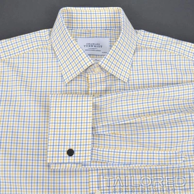 Camisa de vestir de lujo CHARLES TYRWHITT amarilla a cuadros algodón puño francés - 16,5 Foto 1 de 4