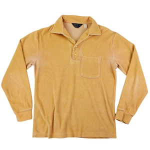 Vintage Velour Polo Shirt Men Medium 70s Long Sleeve JCPenney Tan Velvet Disco - Picture 1 of 13