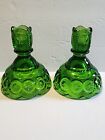 Vintage LE Smith Candlestick Pair 2 Moon  Stars Avocado Antique Green Mint 4.5"