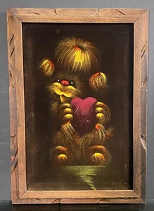 Dipinto olio vintage metà secolo kitschy velluto nero cane dorato peloso San Valentino - Foto 1 di 6