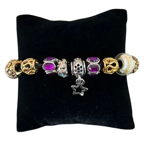 Pandora 925 Black Leather Charm Bracelet With Mixed Beads Glass & Stud Accents - Picture 1 of 7
