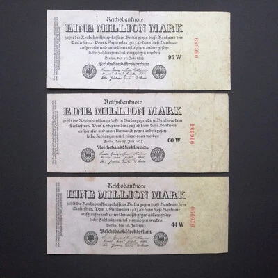 GERMANY LOT 3 x 1 MILLIONEN MARK 1923 P-94 -serial outward-  F/VF - Image 1 of 3
