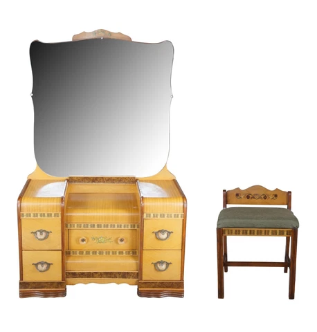 Vintage Late Art Deco Mahogany Waterfall Vanity Dressing Table & Bench Bakelite Cover