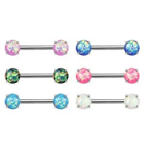 Front Facing Opal Glitter Nipple Bar With 316L Surgical Steel Barbell - Picture 1 of 7